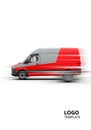 A digitally rendered image features a red and gray delivery van in motion against a white background Royalty Free Stock Photo