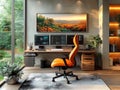 Digitally rendered image of an office workspace with a large desk, multiple computer monitors, ergonomic orange chair