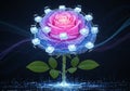 Purple bloom surrounded by a network of interconnected blue circuits Royalty Free Stock Photo