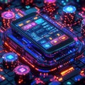 Digitally rendered image showcasing a smartphone surrounded by advanced technology circuitry and glowing elements
