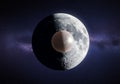 A digitally rendered image shows a large, detailed moon with visible craters, partially Royalty Free Stock Photo