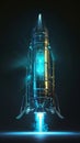 Digitally rendered launch of a futuristic rocket