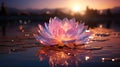 Digitally rendered lotus flower glowing on water at sunset, with a mystical, iridescent appearance Royalty Free Stock Photo