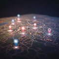 A digitally rendered map featuring various location markers with 3D icons,