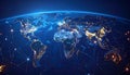A digitally rendered panoramic view of the interconnected Earth at night showcasing illuminated metropolitan areas across the Royalty Free Stock Photo