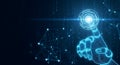 Robotic Cyborg Hand Touching Glowing Digital Interface with Artificial Intelligence Data Visualization Royalty Free Stock Photo