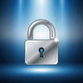 A digitally rendered silver padlock is centered against a gradient blue background, Royalty Free Stock Photo