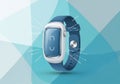 A digitally rendered smartwatch with a sleek, modern design features a rectangular, blue-touch Royalty Free Stock Photo
