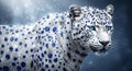 A digitally rendered snow leopard adorned with sparkling blue gemstones