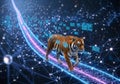 Data blocks surround the tiger, implying a blend of natural and digital Royalty Free Stock Photo