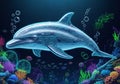 A digitally rendered underwater scene features a dolphin with a transparent body, Royalty Free Stock Photo