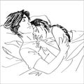 Digitally Sketched illustration of young couple sleeping while hugging