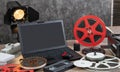 Digitizing old 16 mm film with laptop Royalty Free Stock Photo