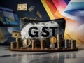 Digitizing Paper: A Treasury Display Featuring \'GST\' Coin Purse and Falling Notes Surrounding Technological Imagery Royalty Free Stock Photo