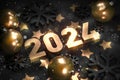 2024 digits, balls and shining glow glitter particles happy new year poster gift card with sparks and black color theme design