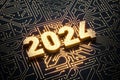 2024 digits on circuit board wire lines golden color shine over black background design