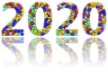 2020 digits composed of colorful lightbulbs on glossy white background