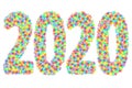 2020 digits composed of colorful stars on glossy white background