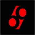 69 digits icon. 69 letters negative space in red color