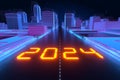 2024 digits on the road in the middle of city.