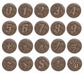 Digits and symbols of arithmetic operations on round wooden tiles on a white background Royalty Free Stock Photo