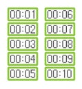 Set of light green digital clocks showing from one minute to ten minutes