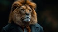 A dignified lion dressed in a suit commands attention against sleek black backdrop.