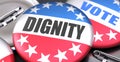 Dignity and elections in the USA, pictured as pin-back buttons with American flag colors, words Dignity and vote, to symbolize Royalty Free Stock Photo