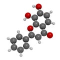 7,8-Dihydroxyflavone or 7,8-DHF molecule. 3D rendering. Atoms are represented as spheres with conventional color coding: hydrogen