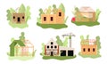 Diifferent stages of wooden house construction in process vector illustration