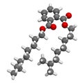 Diisononyl phthalate (DINP) plasticizer molecule. 3D rendering. Atoms are represented as spheres with conventional color coding: