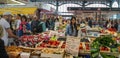 Dijon in France. Open market selling food and wine.