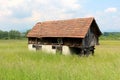 Dilapidated wooden barn in middle of field with tall grass and flowers