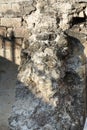 The dilapidated ancient buttress of the fortress. View of the base of the fortress. Selective focus