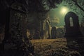 Dilapidated Ancient graveyard night. Generate Ai Royalty Free Stock Photo