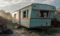 Dilapidated Blue Mobile Home with Open Windows and Rusty Wheels Surrounded by Weeds and Debris Under Bright Sky with Sunrays in Royalty Free Stock Photo