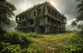 A dilapidated building in the middle of a jungle.