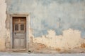 Dilapidated building wall and wooden door. Facade of a house with damaged plaster