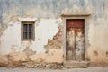 Dilapidated building wall and wooden door. Facade of a house with damaged plaster