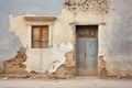 Dilapidated building wall and wooden door. Facade of a house with damaged plaster