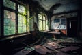 a dilapidated classroom with broken windows and graffiti on the walls, surrounded by overgrown foliage Royalty Free Stock Photo