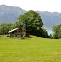 A dilapidated house by the lake