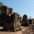 Dilapidated Khmer baray. Medieval brick buildings. Architectural monument