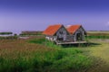 Dilapidated of landmark twin house at Talaynoi with blue sky, Chaloem Phrakiat Bridge, Phattalung in Thailand