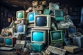 Dilapidated Old electronic trash pile. Generate Ai