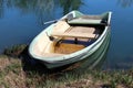 Dilapidated old light green fiberglass river boat tied to river bank surrounded with uncut grass and clear blue river Royalty Free Stock Photo