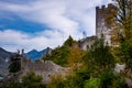 A dilapidated ruin of an old knight\'s castle, overgrown with green trees and bushes, and damaged - taken on a cloudy summer