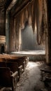 Dilapidated theatre stage tattered curtains broken seats abandoned dramatic light decay Royalty Free Stock Photo
