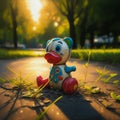 Dilapidated toy duck abandoned on a park path. Royalty Free Stock Photo