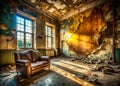 Dilapidated Urban Interior A Study in Decaying Beige Leather Crumbling Walls and Paper Textures within an Abandoned Royalty Free Stock Photo